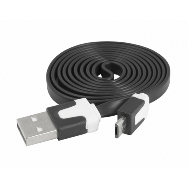 USB - micro USB kabel, černý, plochý.
