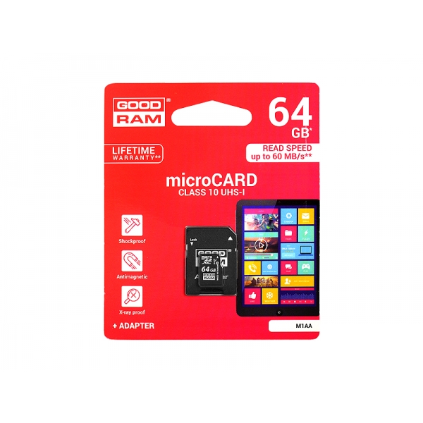 PS GOODRAM CARD Micro SD 64GB, Class10 UHS + adaptér.