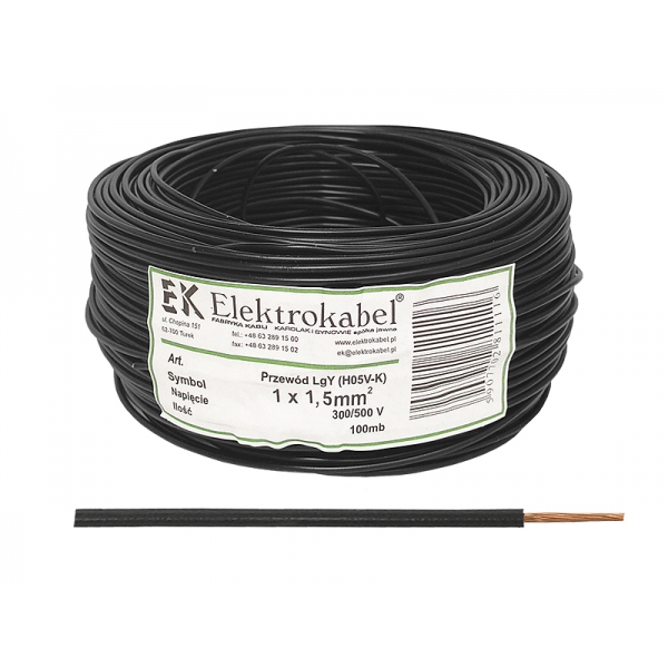 Kabel LgY / H07V-K 1x1,5, černý, 100m.