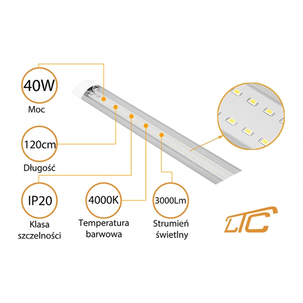 PS Stropní svítidlo LTC Slim LED 40W 120cm IP20 A + 230V / 4000K / 3000lm.