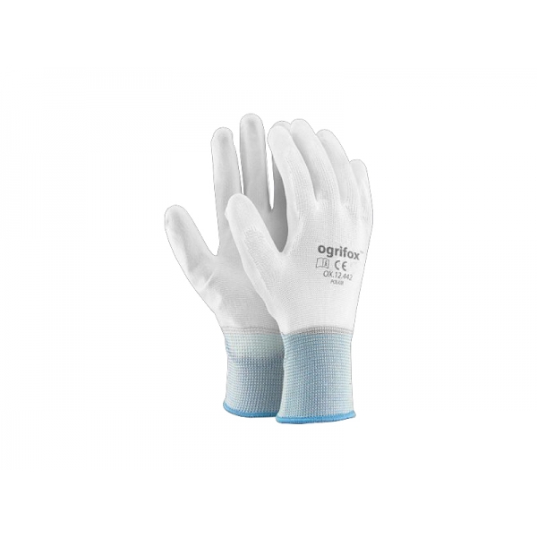 8"" polyesterové ochranné rukavice, potažené PU, bílé (12 párů).