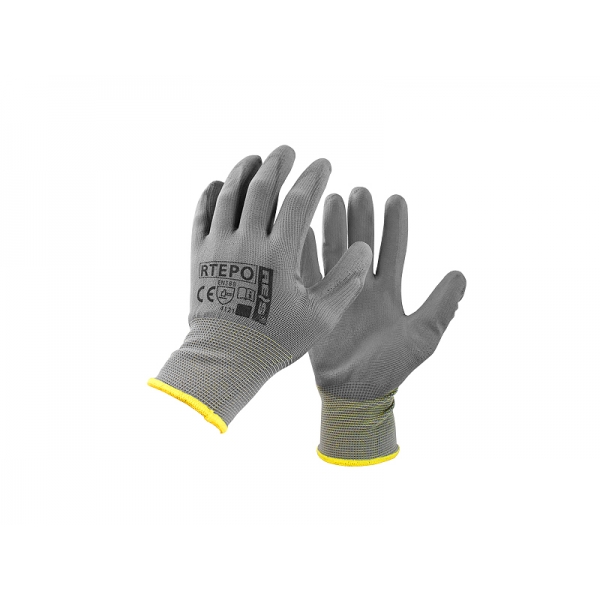9"" polyesterové ochranné rukavice, potažené PU, šedé (12 párů).