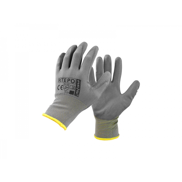 10"" polyesterové ochranné rukavice, potažené PU, šedé (12 párů).