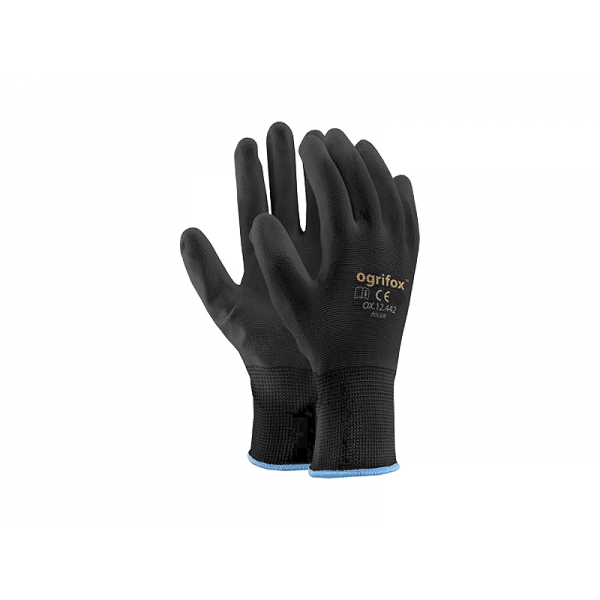 8"" polyesterové ochranné rukavice, potažené PU, černé (12 párů).