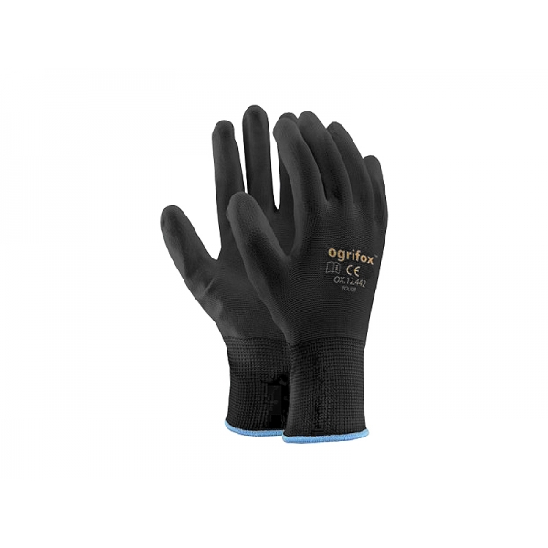 9"" polyesterové ochranné rukavice, potažené PU, černé (12 párů).