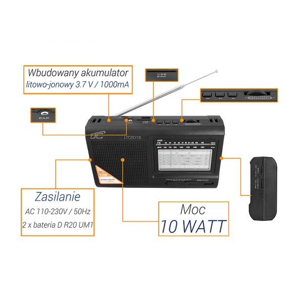 PS LTC-2016 WILGA přenosné USB rádio s vestavěnou dobíjecí baterií, ČERNÁ.