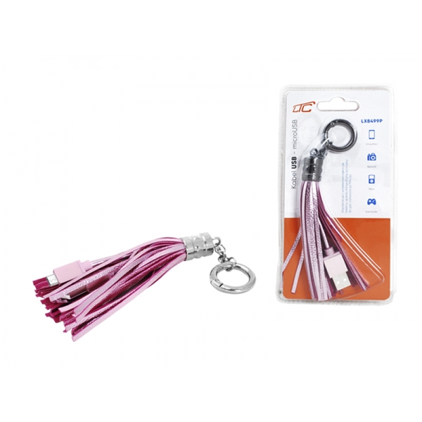 PS USB-microUSB kabel, kroužek na klíče, růžový.