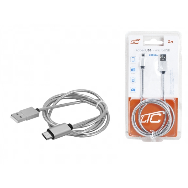 PS USB-microUSB kabel 1m, stříbrný.