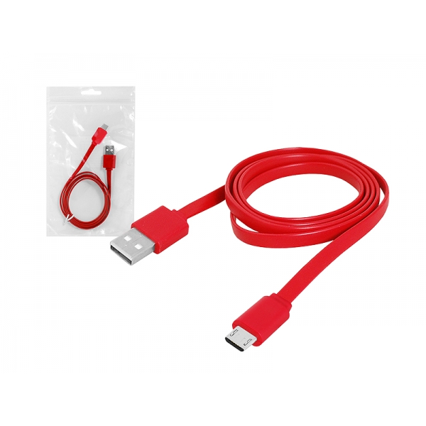 PS USB kabel - microUSB 1m, plochý, červený.
