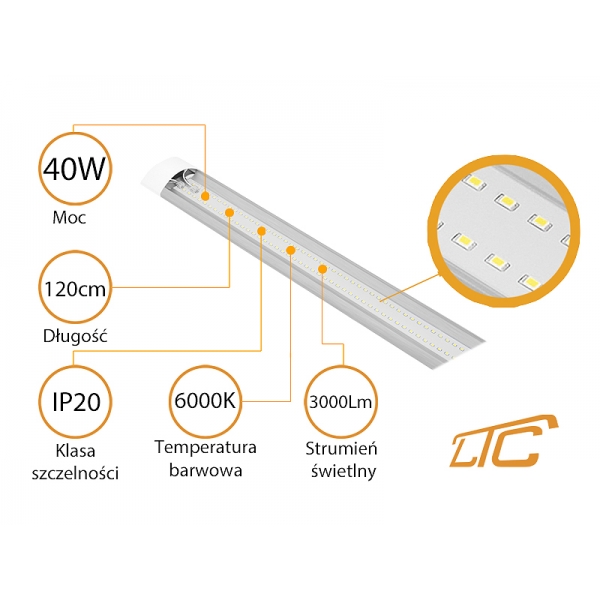 PS Stropní svítidlo LTC Slim LED 40W, 120cm, IP20, A+, 230V, 6000K, 3000lm.