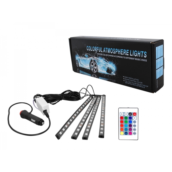 Vnitřní osvětlení vozu / kabiny, 4x RGB 15 LED pásek, voděodolný + ovladač / dálkové ovládání / zástrčka do zapalovače
