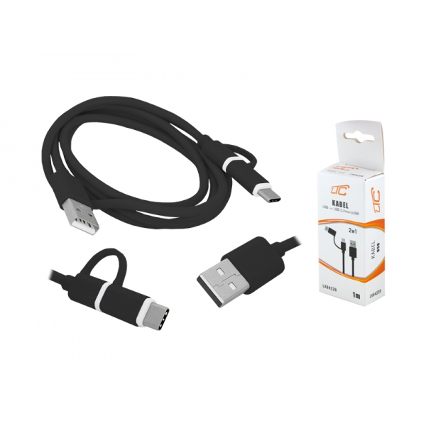 PS USB kabel - USB Type-C / microUSB 2v1, černý.