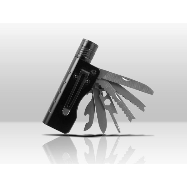 LTC XPE LED ruční svítilna + multifunkční kapesní nůž, dobíjecí baterie 18650, černá.