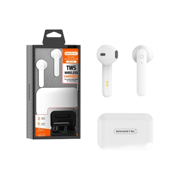 Bluetooth sluchátka Somostel Earbuds TWS J28 + nabíjecí pouzdro, bílé.