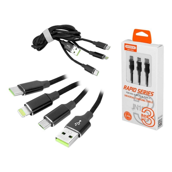 Somostel Powerline SMS-BW03 USB Type-C / micro USB / IPH kabel, 3v1, QC, 3,4 A, černý.