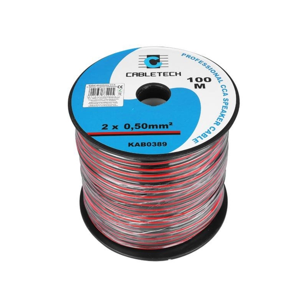 Reproduktorový kabel 2 x 0,50 CCA, černý a červený.