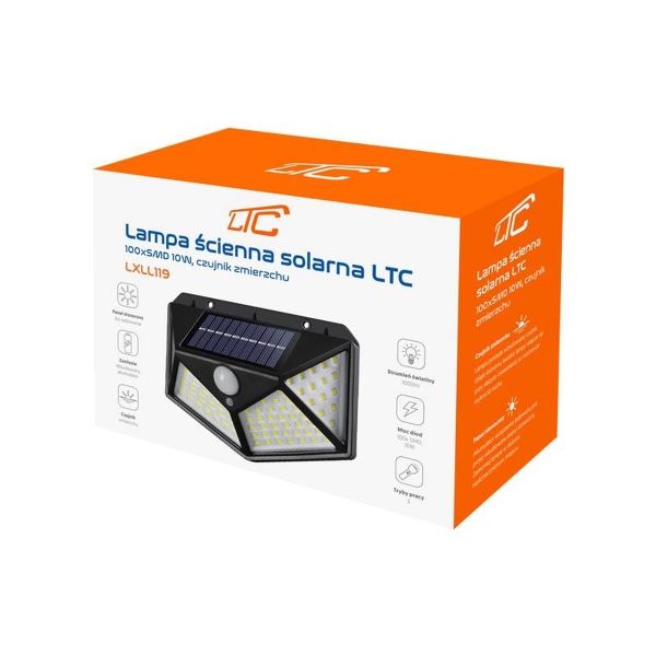 Solární nástěnné svítidlo LTC 100 x SMD 10W 1000lm soumrakový senzor 1200mAh.
