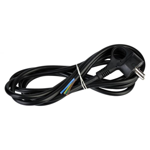 Černý elektrický kabel 1,5m 3x1,5mm zakončený úhlovou zástrčkou s uzemněním