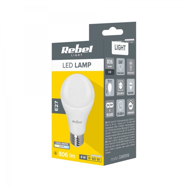 LED lampa Rebel A60 8W, E27, 6500K, 230V