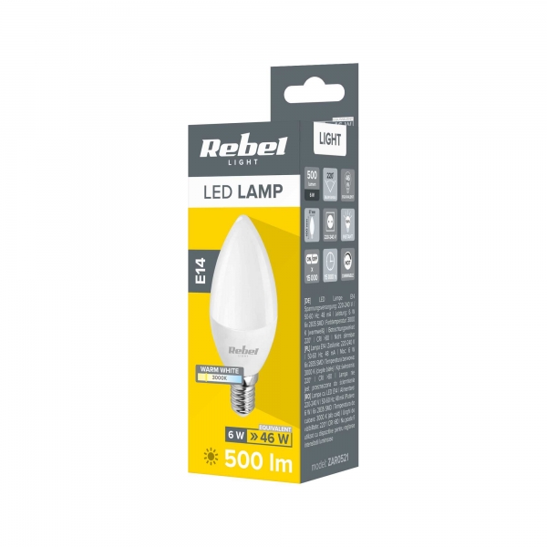 Lampa LED Rebel svíčka 6W, E14, 3000K, 230V
