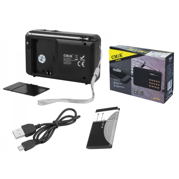 Přenosný displej rádia MK-011, USB, MicroSD, AUX s baterií BL-5C a Micro USB kabelem, černý.