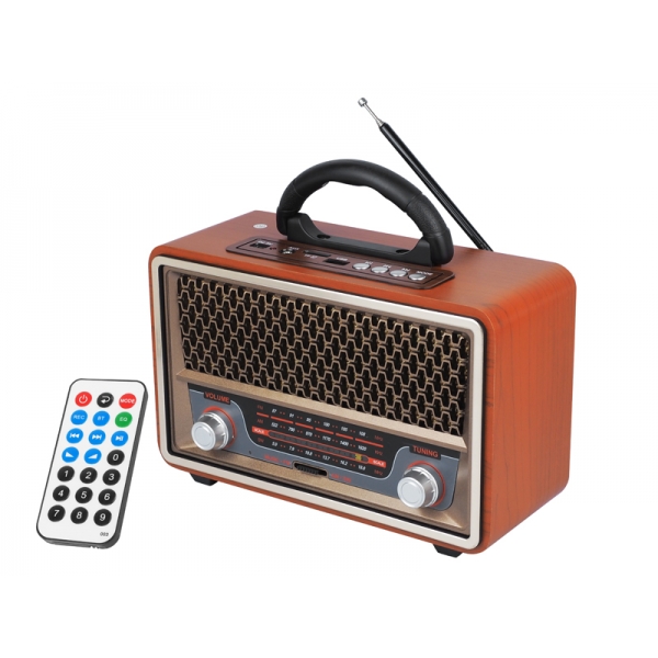 PS Přenosné rádio RETRO MK-197 Bluetoth, USB, TF karty, AUX, dálkové ovládání, vestavěná baterie hnědá-PLN