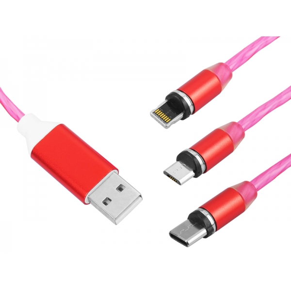 Magnetický USB kabel 3v1 červený KK21W LED podsvícení (jasně červené).