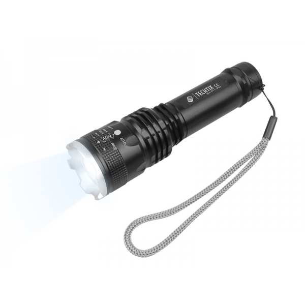 1-LED + COB ruční svítilna bílé světlo + červené blikající ZOOM s baterií a MicroUsb BX kabelem-