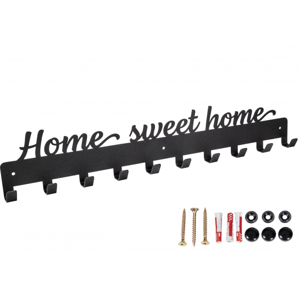 Kovový věšák na oblečení / klíče černý matný nápis "Home sweet home"