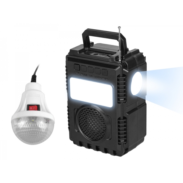 Solární osvětlovací systém VR-566, Bluetooth reproduktor,FM,TF ,USB, 1-LED+COB svítilna, 8-LED žárovka s kabelem