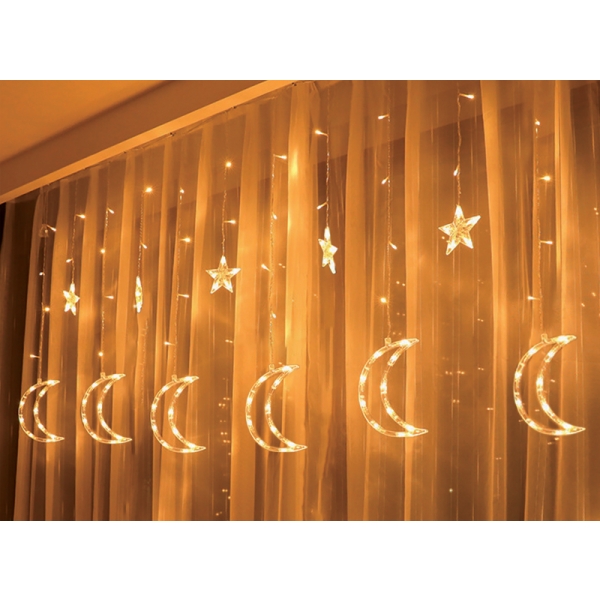 LED světelná clona, hvězdy a měsíce, teplé bílé světlo.