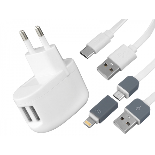 Sada: 2x USB 2A nabíječka + USB-C kabel + Micro USB/Iphone kabel