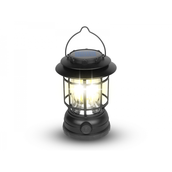 COB solární kempingová lampa s akumulátorem 18650,plynulé nastavení jasu, 3000K,černá