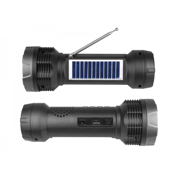 Multifunkční 1-LED svítilna se solárním panelem, FM rádio, Bluetooth reproduktor,USB,MicroSD